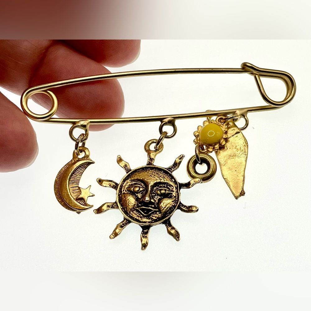 3 for $30 Vintage Gold Tone Pin Brooch with Dangling Charms Sun Moon